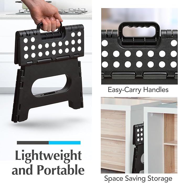 Handy Laundry Folding Lightweight Step Stool - Sturdy Enough to Support Adults - Opens Easy with One Flip - Great for Kitchen, Bathroom or Bedroom (Black | 2-Pack)