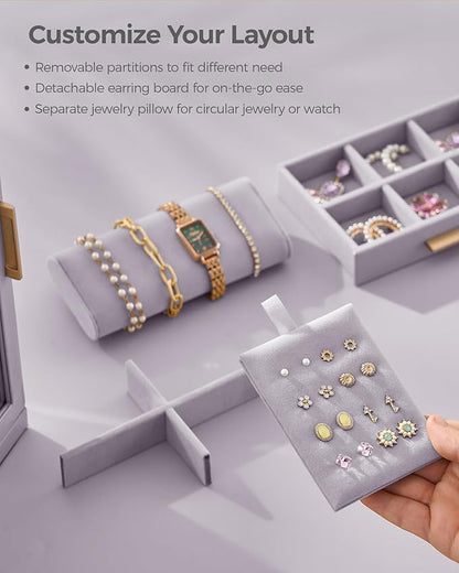 360° Rotating Jewelry Box with 5 Drawers, Spacious Vertical Jewelry Organizer with Glass Window, Jewelry Storage Case, Dustproof & Moisture-resistant Design, Grey