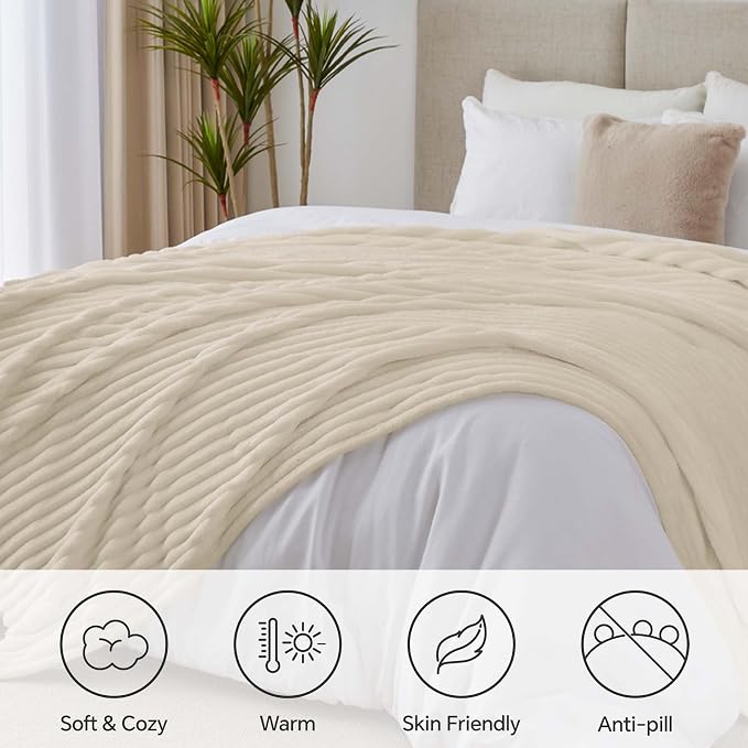 BEDELITE King Size Blanket for Bed, 300GSM Soft & Warm Fleece Blanket, Decorative and Giftable Striped Beige Blankets for Women, Men, 108"x90"