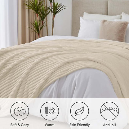 BEDELITE Blankets Queen Size for Bed, 300GSM Soft & Warm Fleece Blanket, Decorative and Giftable Striped Beige Blankets for Women, Men, 90"x90"