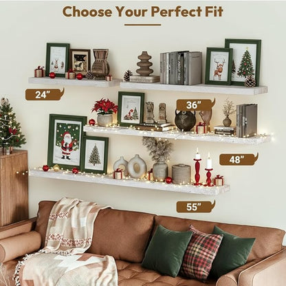 Vivelove Elm Wood Long Floating Shelves for Wall, 48 inches x 8” Deep Wooden Shelves, for Living Room Bedroom Kitchen Bathroom Office, Rustic Farmhouseme Decor, Set of 1 - Distressed Washed White