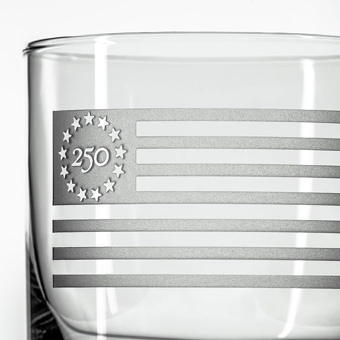 Rolf Glass America250™ Betsy Ross Flag On the Rocks Glass | 10oz Whiskey Glass | Made in America | Deep Engraved 13-Star Flag | Officially Licensed America250™ Product | Set of 2