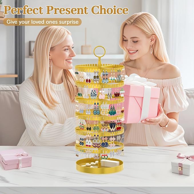 MODOWEY 6 Tier Rotating Earring Holder Organizer Display Tree with Metal Tray, Adjustable Plastic Stand with 342 Slots for Stud Hoop Hanger, Large Capacity Storage Rack for Women Space-Saving, Gold