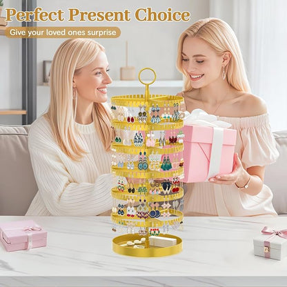 MODOWEY 6 Tier Rotating Earring Holder Organizer Display Tree with Metal Tray, Adjustable Plastic Stand with 342 Slots for Stud Hoop Hanger, Large Capacity Storage Rack for Women Space-Saving, Gold