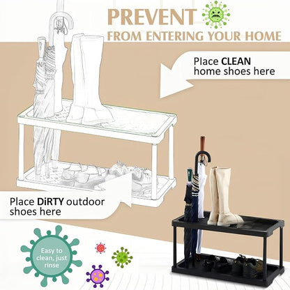 Cinnvoice 2 Tier Boot Shoe Organizer Rack with Umbrella Holder Plastic Waterproof Shoe Mat for Entryway Indoor Outdoor, 28 x 14.5 x 14.5 Inches