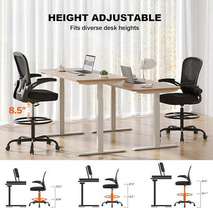 Ergonomic Drafting Chair, Tall Office Chair with Flip-up Armrests, Breathable Mesh High Desk Chair with Lumbar Support Adjustable Footrest Ring for Standing Desk Black