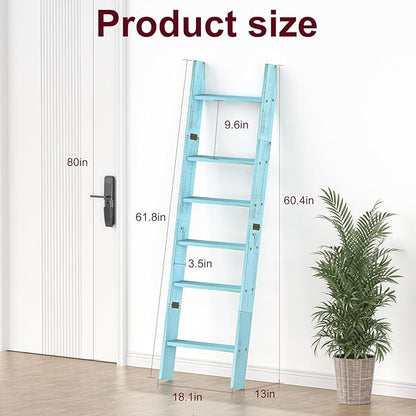 Honest Blanket Ladders for The Living Room, 6-Tier Blanket Holder, Wall-Leaning Blanket Rack, Ladder Shelves, Wooden Quilt Ladder, Farmhouse Decor, Blue