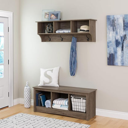 Prepac Drifted Gray 48" Contemporary Wall Mounted Coat Rack, Coat Hooks Wall Mount with 3 Shelves, Ideal for Hallway or Entryway Hanging Solution, 11.5"D x 48"W x 14.25"H