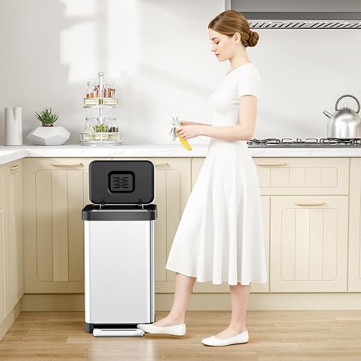 Arlopu 50L/13.2Gal Stainless Steel Trash Can W/15 Inner Bags & Rear Trash Bag Storage Compartment, Kitchen Step Trash Can with Lid & Built-in Deodorizer Box, Garbage Bin W/Foot Pedal (Sliver)