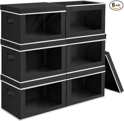 Homsorout Large Storage Baskets with Lids - Stackable Cube Bins for Closet, 6 Pack Black Windows Organizer Bins, Home Organizers and Storage for Clothes, CD, Towels