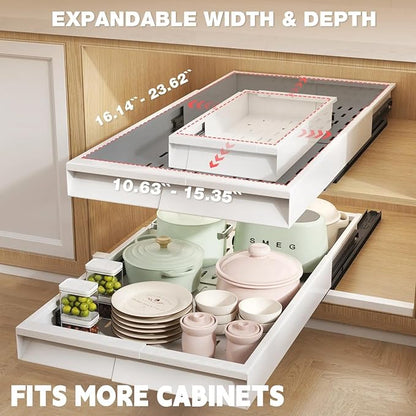 Seinloes Pull Out Cabinet Organizer, 4-Side Expandable to Fit Most Cabinets, 3 Rail Slide Out Drawers with Raising Pad for Framed & Frameless Cabinets, 11"-16" W x 17"-24" D, White, 2 Pack