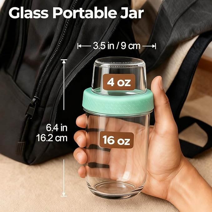 ComSaf Overnight Oats Containers with Lids (16oz+4oz, 2Pcs), Dual-Laryer Chia Pudding Jars with Dry and Wet Separation, Yogurt Parfait Cups for Oatmeal Cereal Nut Fruit, Meal Prep Glass Jars for Salad
