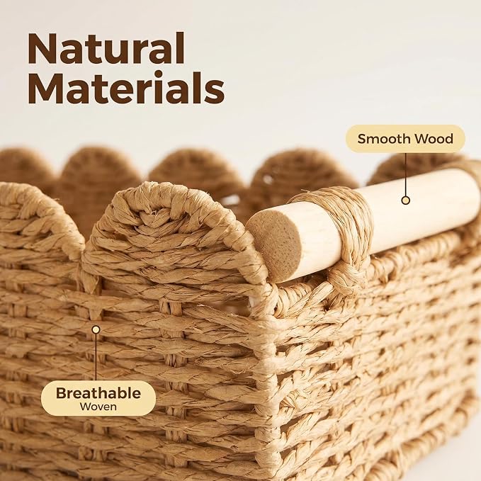 2-Pack Scalloped Woven Paper Rope Baskets with Wood Handles – Toilet Paper Storage Basket for Tank & Counter, Decorative Bins for Bathroom, Shelves, and Living Room