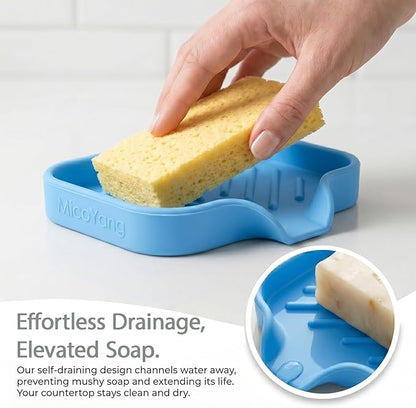 MicoYang Silicone Soap Dish with Drain Spout, Self-Draining Sink Organizer Tray for Bathroom & Kitchen, Sponges, Dispensers & Soap Holder, Non-Slip and Dishwasher Safe, Light Blue (Compact, 4.9"×3.2")