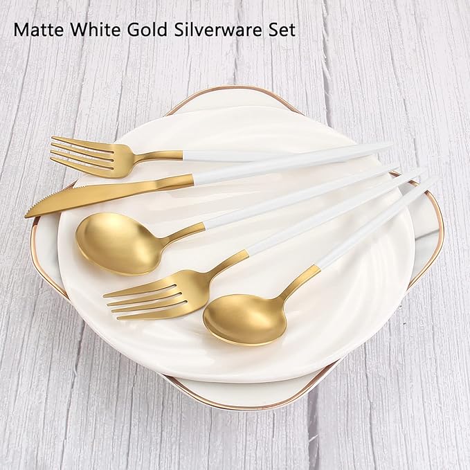 VANVRO Matte White Gold Silverware Set, 40-Piece Stainless Steel Flatware Set, Satin Finish tableware Cutlery Set, Service for 8, Home and Restaurant, Dishwasher Safe