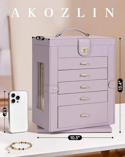 AKOZLIN 360° Rotating Jewelry Box 6-Tier Organizer Functional Jewelry Storage Case for Women Girls Ring Necklace Earring Bracelet Holder with Mirror Purple