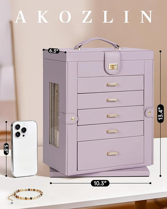AKOZLIN 6-Tier Jewelry Box Organizer Functional 5 Drawers Leather Jewelry Storage Case for Women Girls Ring Necklace Earring Bracelet Holder Organizer with Mirror XL Purple 360° Rotating