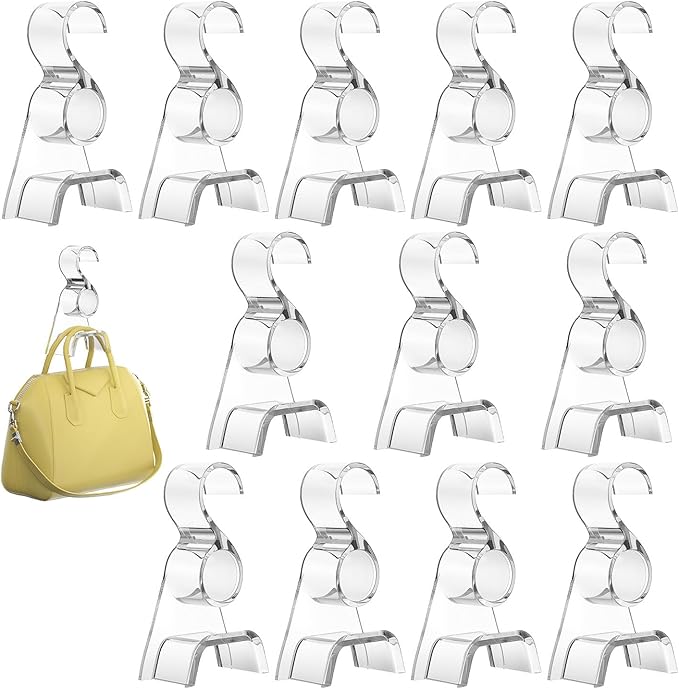 Acrylic Purse Hangers for Closet Organization | Multi-Purpose Durable Hooks for Handbags, Scarves, Hats & Belts (Clear, 12 Pack)