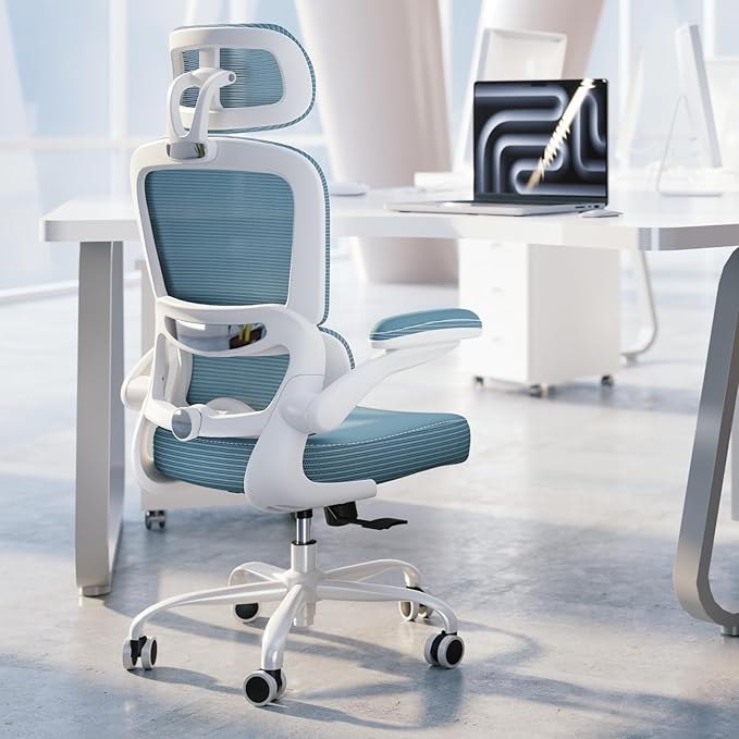 TRALT Ergonomic Office Chair - Desk Chair with Adjustable Headrest Lumbar Support Computer Chair - Mesh Comfy Chair with Flip-up Armrests - Gaming Chairs for Adults Home Office (PU Leather, Blue)