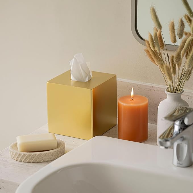 Yew Design Gold Square Tissue Box Cover, Decorative Tissue Box Dispenser for Bathroom, Parlors, Office, Bedroom Dresser, Vanity Countertop, Nightstand, Car, and Desk