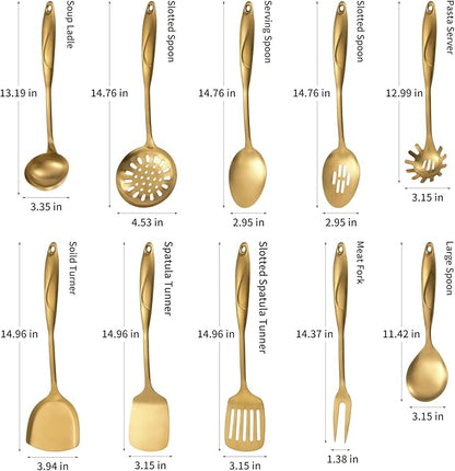 304 Stainlss Steel Kitchen Utensils Set, 10 Pcs Metal Cooking Utensil, Matte Kitchen Gadget Cookware and Kitchen Tool Set, Dishwasher Safe(Gold)