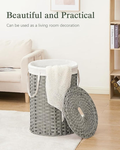 SETVSON Laundry Basket with Lid Round Rattan Laundry Hamper with Lid and Handles 29.1 Gal (110 L) Handwoven Woven Basket with Removable Bags and 2 Mesh Bags for Bathroom Living Room Gray