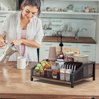 Homsorout Coffee Station Organizer - Coffee Bar Organizer with Removable Dividers for Pods Condiment Syrup Tea Stirrers, K Cup Holder for Kitchen, Office, Home, Countertop, Brown