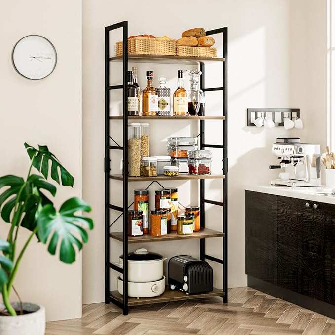 NUMENN 5 Tier Bookshelf, Tall Bookcase Shelf Storage Organizer, Modern Book Shelf for Bedroom, Living Room and Home Office, Dark Walnut