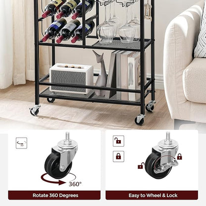 Bar Cart for Home, 3-Tier Serving Cart with Wheels and Handle, Beverage Cart with Wine Rack and Glass Holders, Rolling Wine Cart for Kitchen, Dining Room, Marble and Black RCHM6101