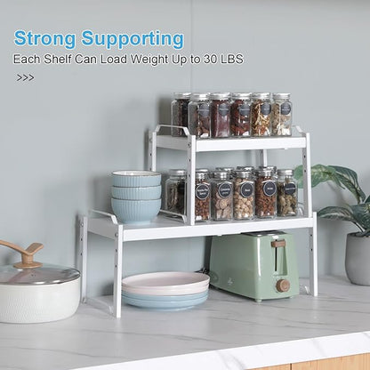 4 Pack Kitchen Cabinet Shelves Organizers, Kitchen Counter Storage Shelf Spice Rack, Expandable Length, Adjustable Height, Stackable, Sturdy 30LBS Bearing, Small Cupboard Tabletop Organizer Shelf Rack