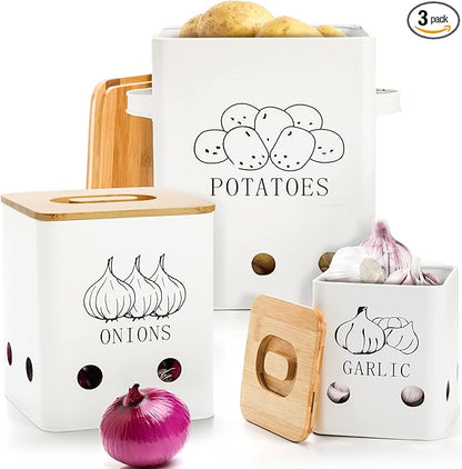 WUWEOT 3 Pack Vegetable Storage Tins, Metal Onion Garlic Potato Jars Set, Kitchen Canisters Vegetable Keeper Containers with Aerating Holes and Wooden Lid