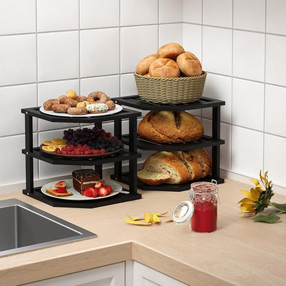 3 Tier Bamboo Corner Shelf(4 Pack),Dish Drying Rack,Plate Organizer,Kitchen Spice Rack for Countertop and Cabinet(Black)