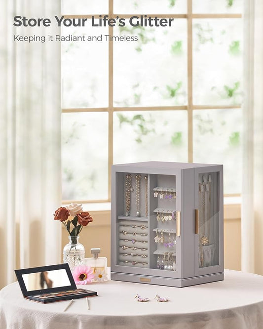 Glimmloop 360° Rotating Jewelry Box with 5 Drawers, Spacious Vertical Jewelry Organizer with Glass Window, Jewelry Storage Case, Dustproof & Moisture-resistant Design, Grey