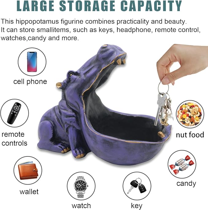 aboxoo Hippo Statue Home Resin Hippopotamus Figurine Fun Candy Dish,Key Bowl,Big Mouth Sculpture Table Art Decoration Sundries Container Storage Box (Purple)