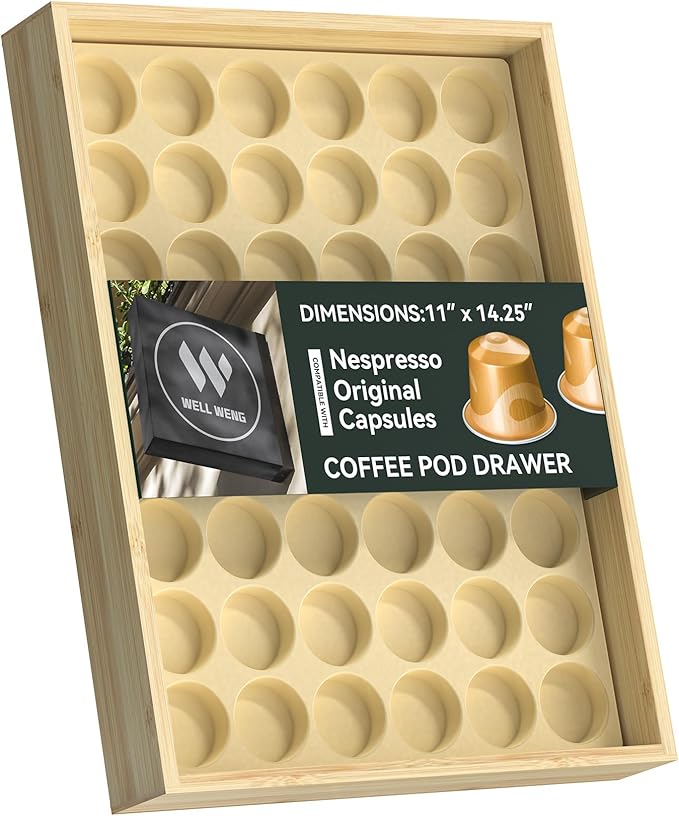 for Nespresso Original Capsules - Bamboo Coffee Pod Storage for Counter Drawer Insert - 48 Capsules Organizer (14.3” x 11” x 1.57”)