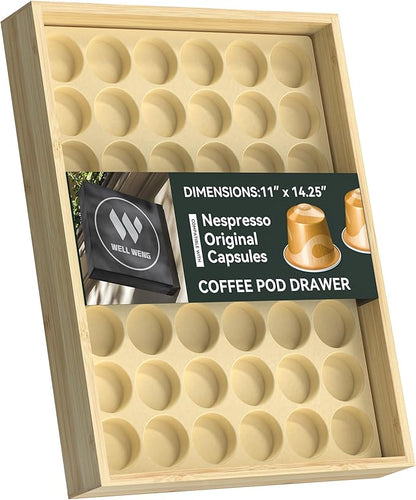 for Nespresso Original Capsules - Bamboo Coffee Pod Storage for Counter Drawer Insert - 48 Capsules Organizer (14.3” x 11” x 1.57”)
