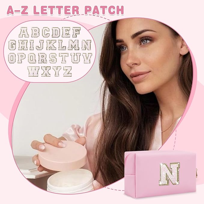 Small Personalized Initial A-Z Patch Makeup Bag,Pink Cute PU Leather Glitter Letter Cosmetic Bag for Teen Girls,Travel Toiletry Bag with Zipper,Preppy Monogrammed Birthday Gift for Daughter Niece N