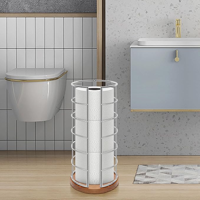 NearMoon Toilet Paper Organizer Stand, Freestanding 3 Rolls Tissue Storage, Metal Bathroom Accessory, Rustproof Toilet Roll Holder for Kitchen Countertop Inside Cabinet Shelf(Wooden Base, Chrome)