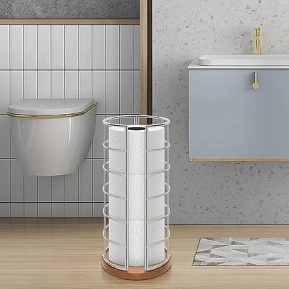 NearMoon Toilet Paper Organizer Stand, Freestanding 3 Rolls Tissue Storage, Metal Bathroom Accessory, Rustproof Toilet Roll Holder for Kitchen Countertop Inside Cabinet Shelf(Wooden Base, Chrome)