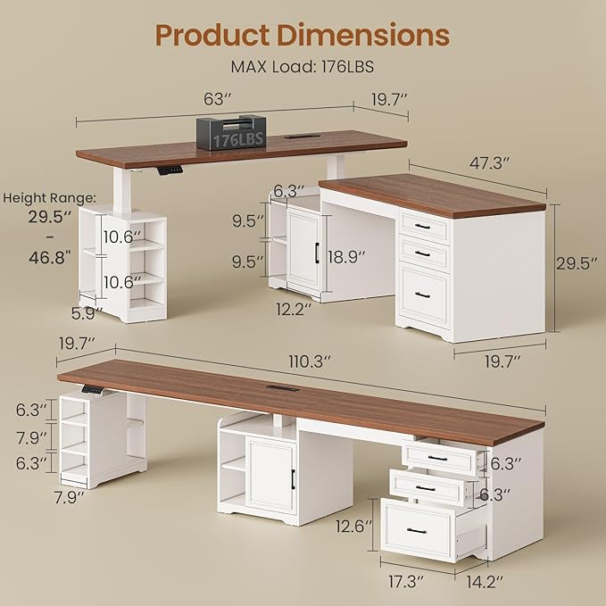 SEDETA Farmhouse L Shaped Electric Standing Desk, 63" x 67" Height Adjustable Home Office Executive Desk with Drawers and Shelves, Standing Computer Desks with Power Outlet for Home Office, White