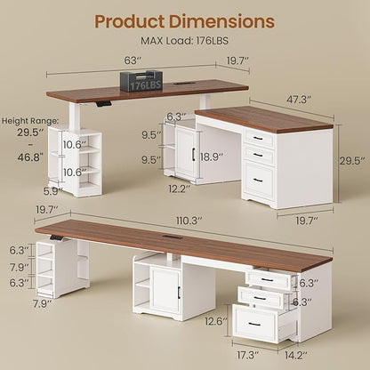SEDETA Farmhouse L Shaped Electric Standing Desk, 63" x 67" Height Adjustable Home Office Executive Desk with Drawers and Shelves, Standing Computer Desks with Power Outlet for Home Office, White
