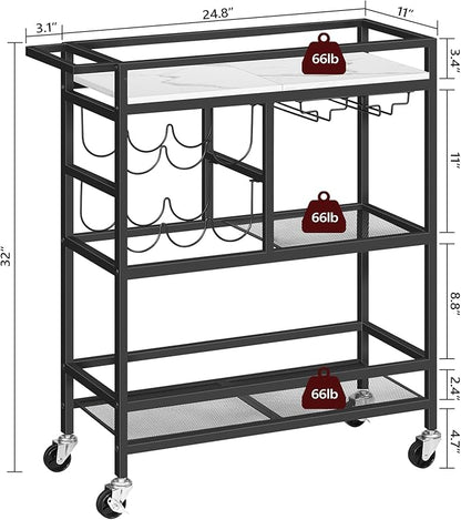Bar Cart for Home, 3-Tier Serving Cart with Wheels and Handle, Beverage Cart with Wine Rack and Glass Holders, Rolling Wine Cart for Kitchen, Dining Room, Marble and Black RCHM6101