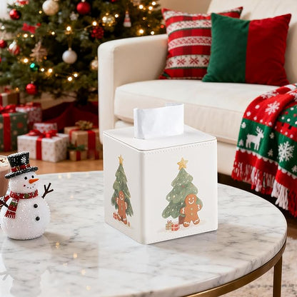 MEIBOOCH PU Leather Tissue Box Cover Square Tissue Box Holder with Magnetic Closure (Christmas Style)