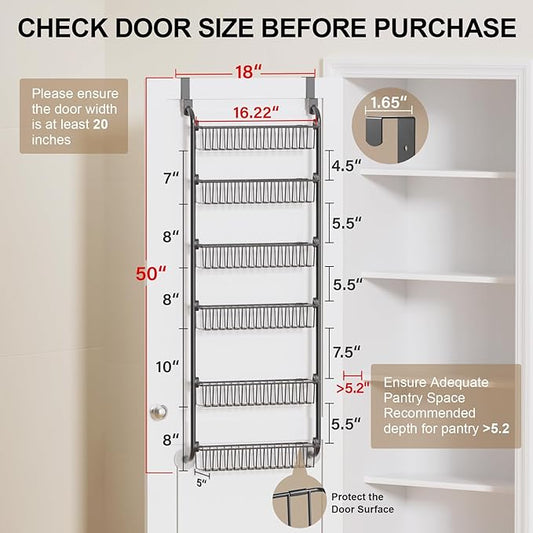 Delamu Over the Door Pantry Organizer, 6-Tier Metal Pantry Door Organization and Storage, Hanging Kitchen Basket Spice Rack Seasoning Shelves, Cabinet Door Organizer for Easy Install,D5xW18xH50inch