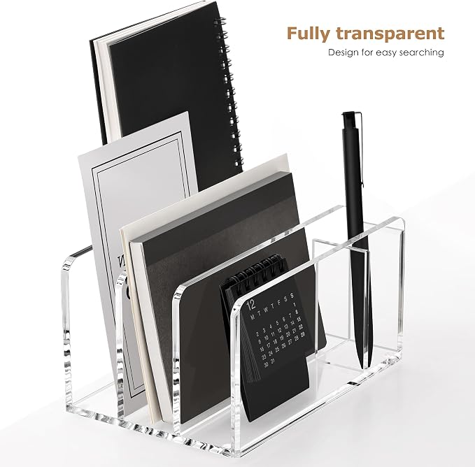 SANRUI Acrylic Mail Sorter Desktop Organizer with Pen Holder, 3 Compartments Clear Small File Script Letter Document Storage for Desk Bill Filling Envelope Holder Office, Home, School Organization
