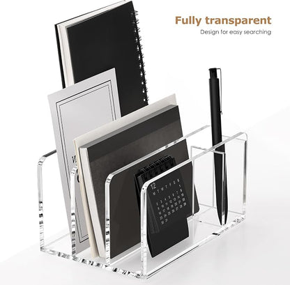 SANRUI Acrylic Mail Sorter Desktop Organizer with Pen Holder, 3 Compartments Clear Small File Script Letter Document Storage for Desk Bill Filling Envelope Holder Office, Home, School Organization