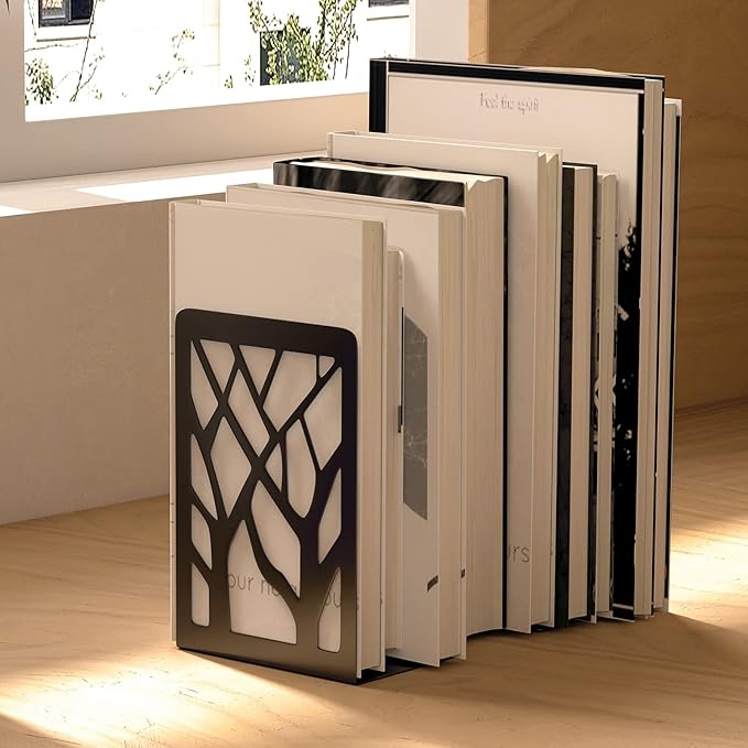MaxGear Book Ends Tree Design Modern Bookends for Shelves, Non-Skid Bookend, Heavy Duty Metal Book Stopper for Books/CDs, Decorative Books Shelf for Home,7 x 4.7 x 3.5”, Black, 3 Pair/6 Pieces, Large