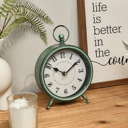 MACVAD Vintage Small Rustic Green Table Clock on Stand - Decorative Desk and Shelf Clock, Battery Operated, Silent Non-Ticking Timepiece Perfect for Office, Living Room, and Bedroom Decor