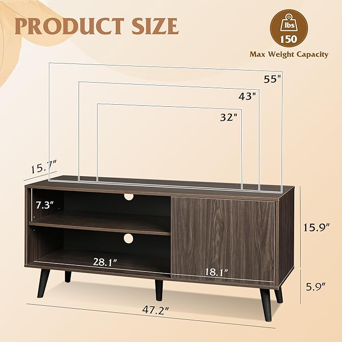WLIVE TV Stand for 55 Inch TVs, Entertainment Center with Storage Cabinet, Mid-Century Modern TV Stands for Living Room, Media TV Console, Dark Walnut