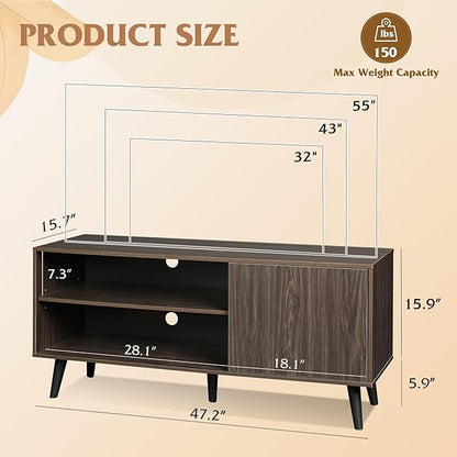 WLIVE TV Stand for 55 Inch TVs, Entertainment Center with Storage Cabinet, Mid-Century Modern TV Stands for Living Room, Media TV Console, Dark Walnut